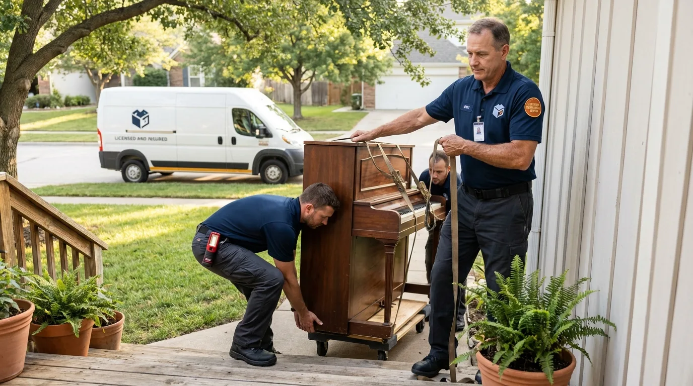 Licensed piano movers securing grand piano in Elmer, NJ