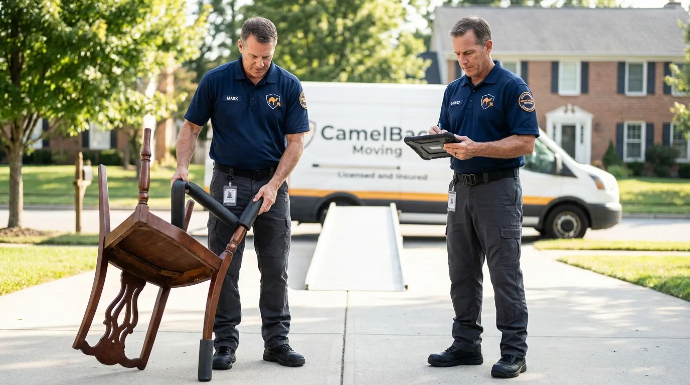 Movers inspecting furniture for damage prevention before loading in Elmer, NJ