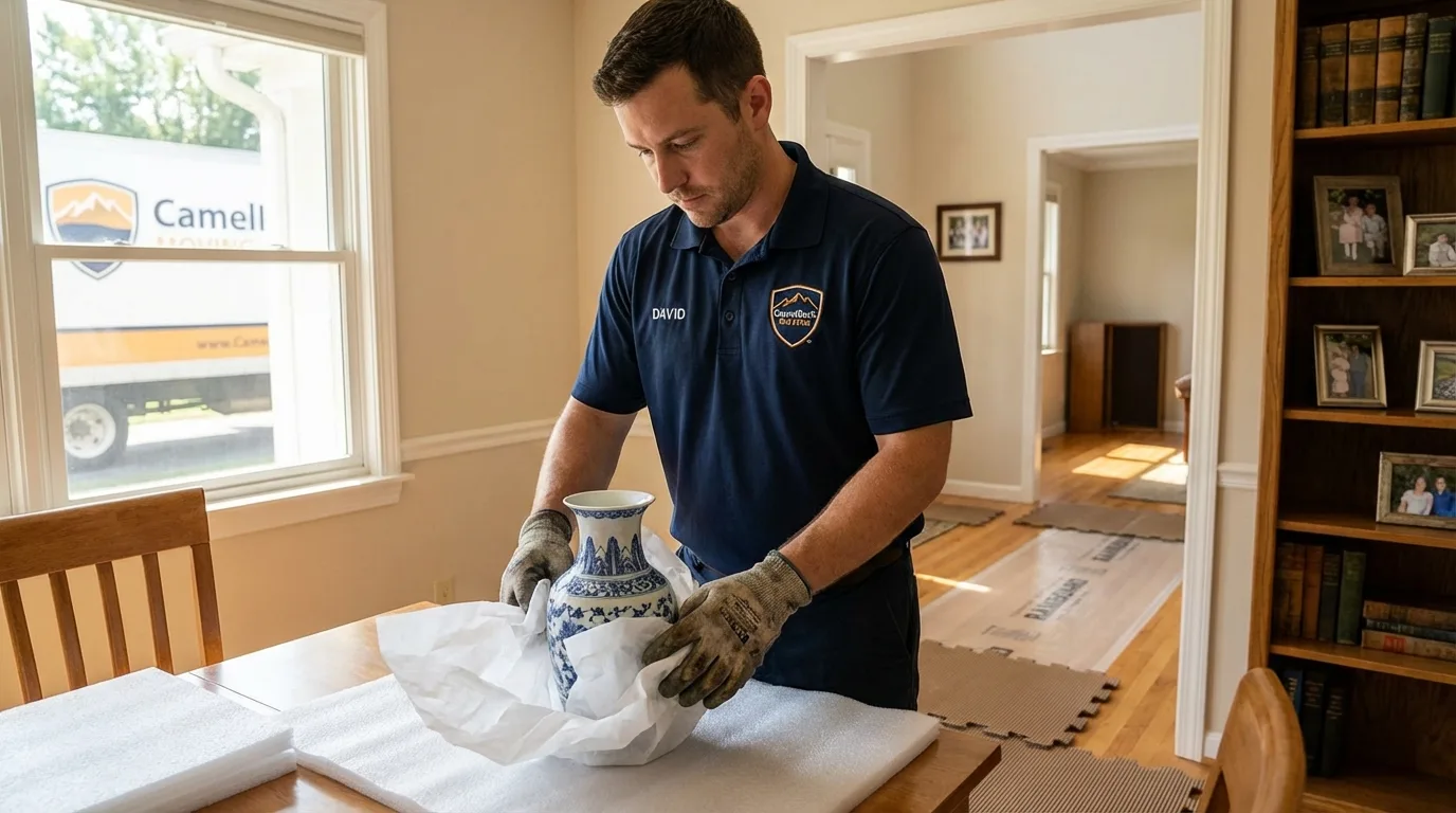 Professional crew carefully wrapping antique vase for senior downsizing move in Elmer, NJ