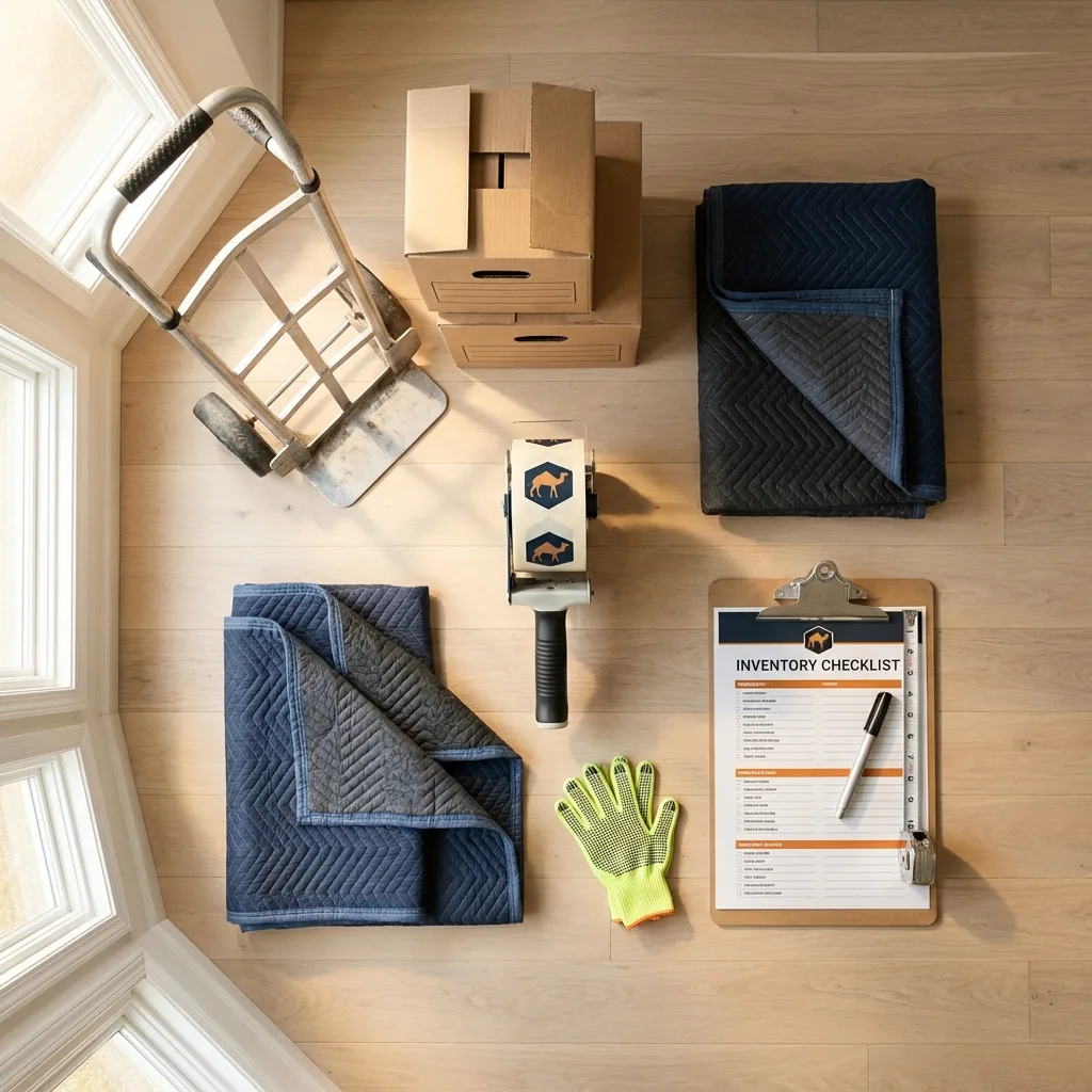 Professional moving supplies and packing materials layout for Elmer residential relocations